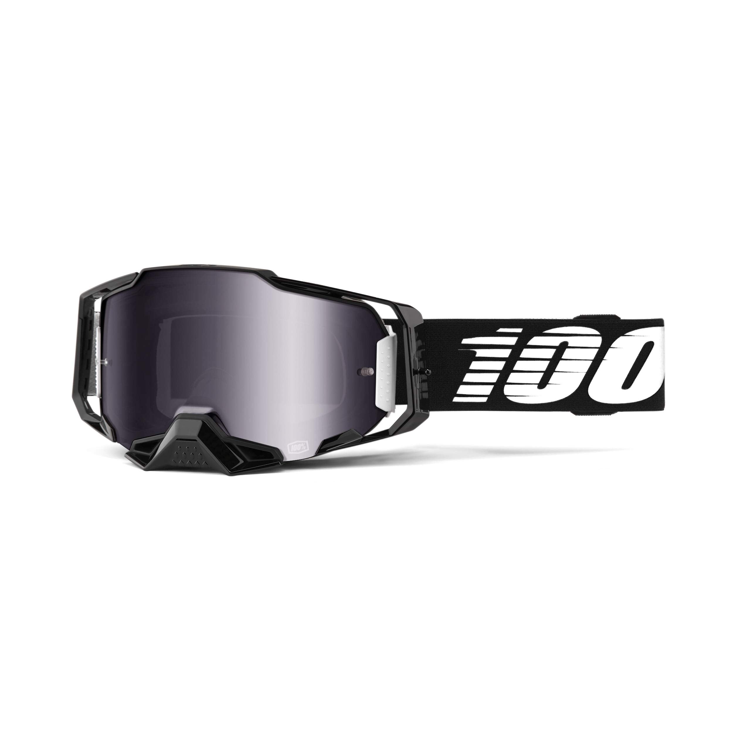 100% ARMEGA Goggles with black frame offer clear visibility for dirt bike riding.