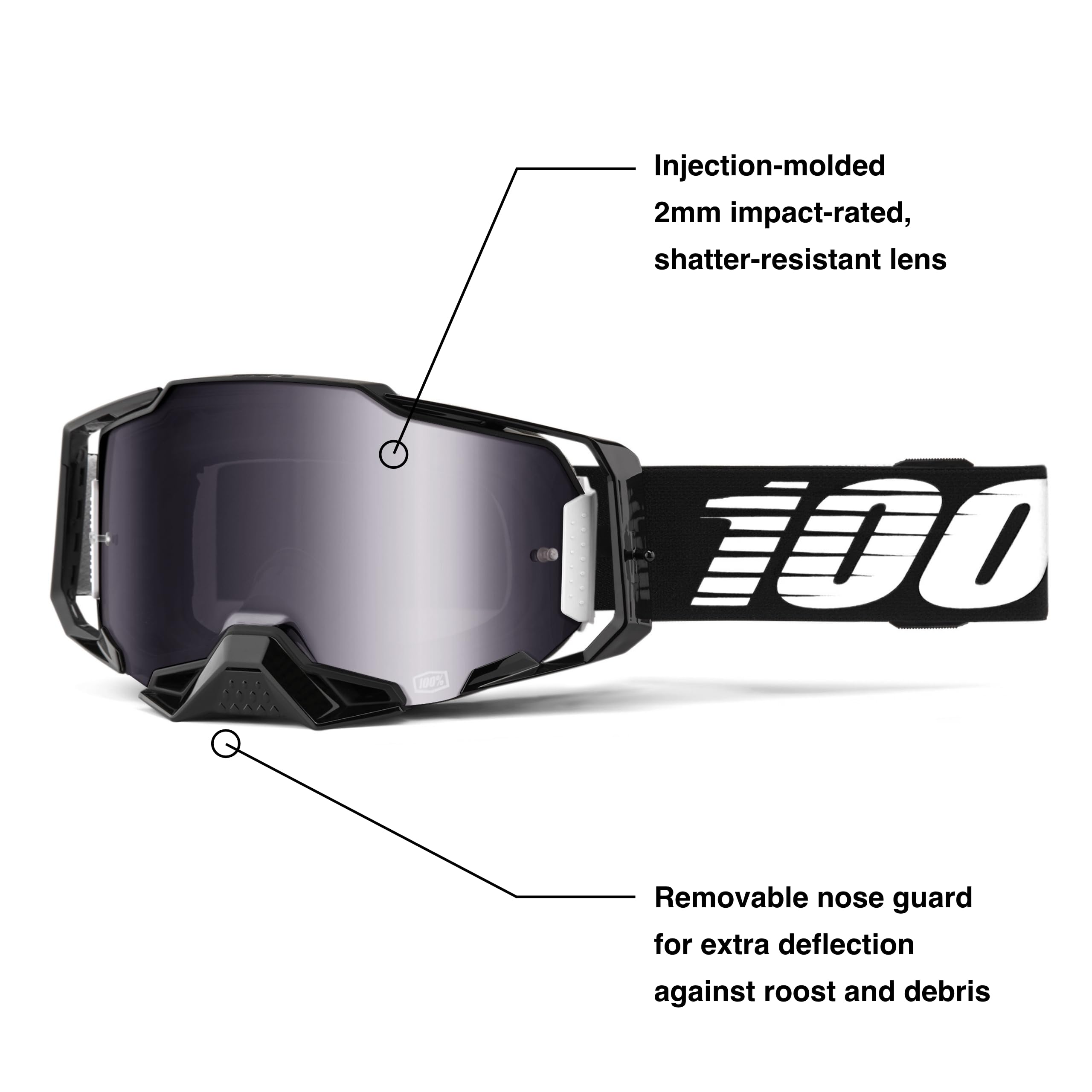 100% ARMEGA Goggles with mirror silver flash lens enhance contrast in bright sun.