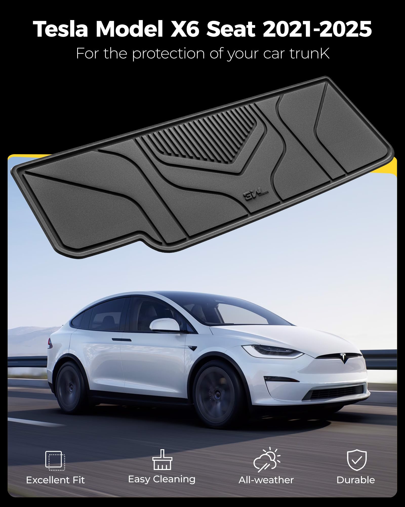 3W Cargo Liner for Tesla Model X trunk mat protects cargo area from spills and dirt.