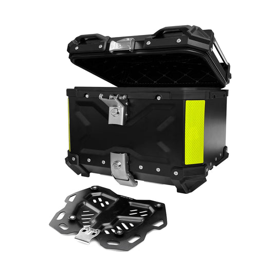 45L universal aluminum top case front view shows weatherproof helmet storage