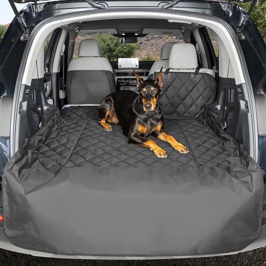 4Knines split cargo liner in SUV with waterproof backing protects trunk from spills.