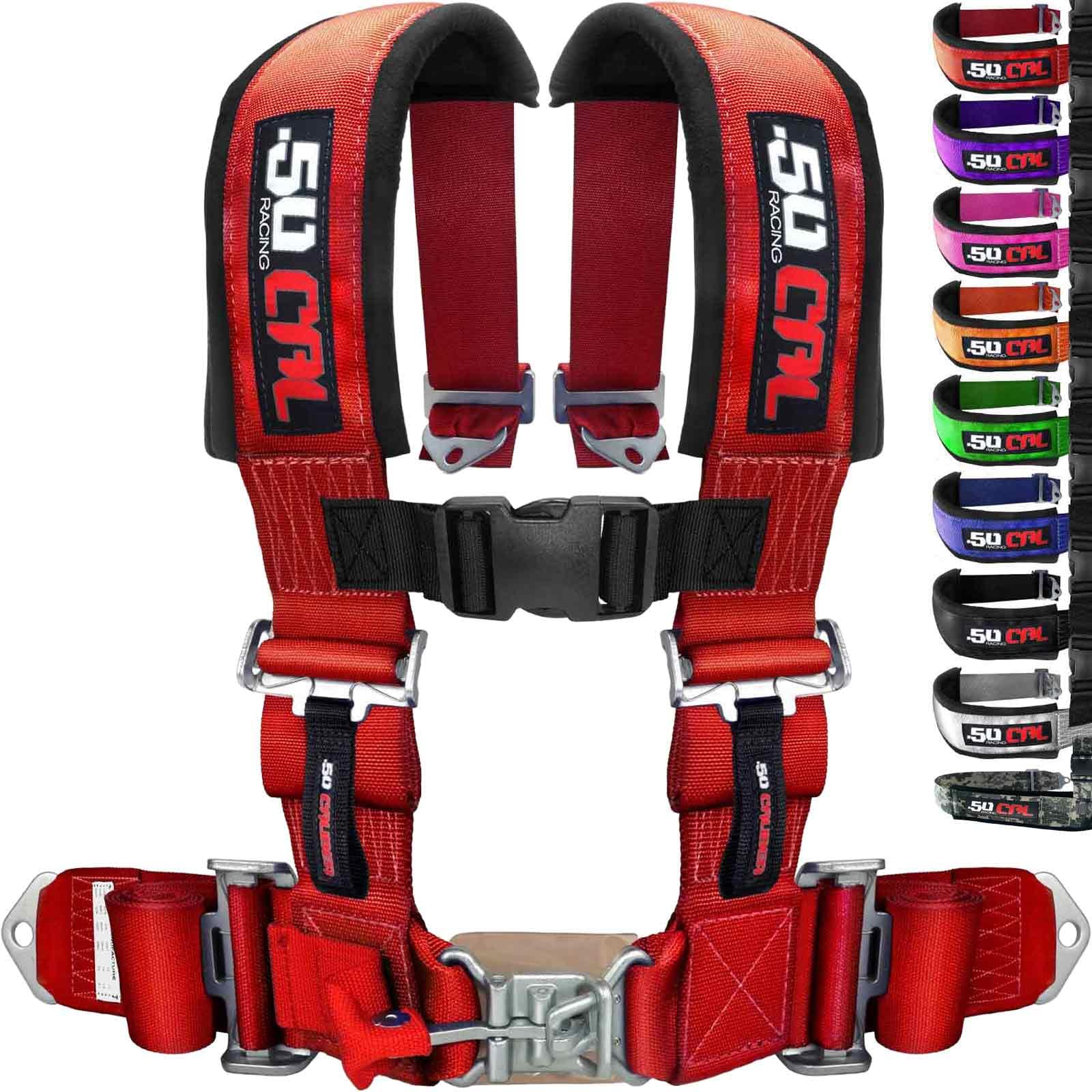 50 Caliber Racing 4‑point harness on a bucket seat for secure off‑road racing