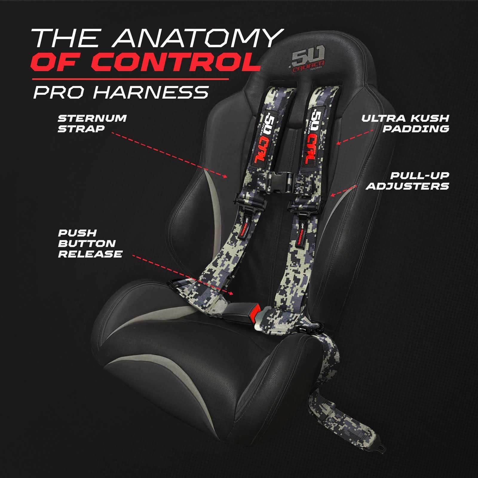 Sternum strap detail on 50 Caliber Racing 4 Point Harness for balanced restraint