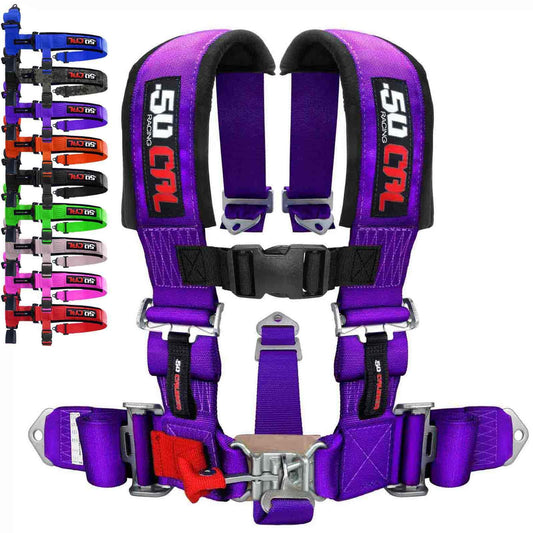 50 Caliber Racing 5 Point Harness purple for bucket seats improves secure fit and comfort