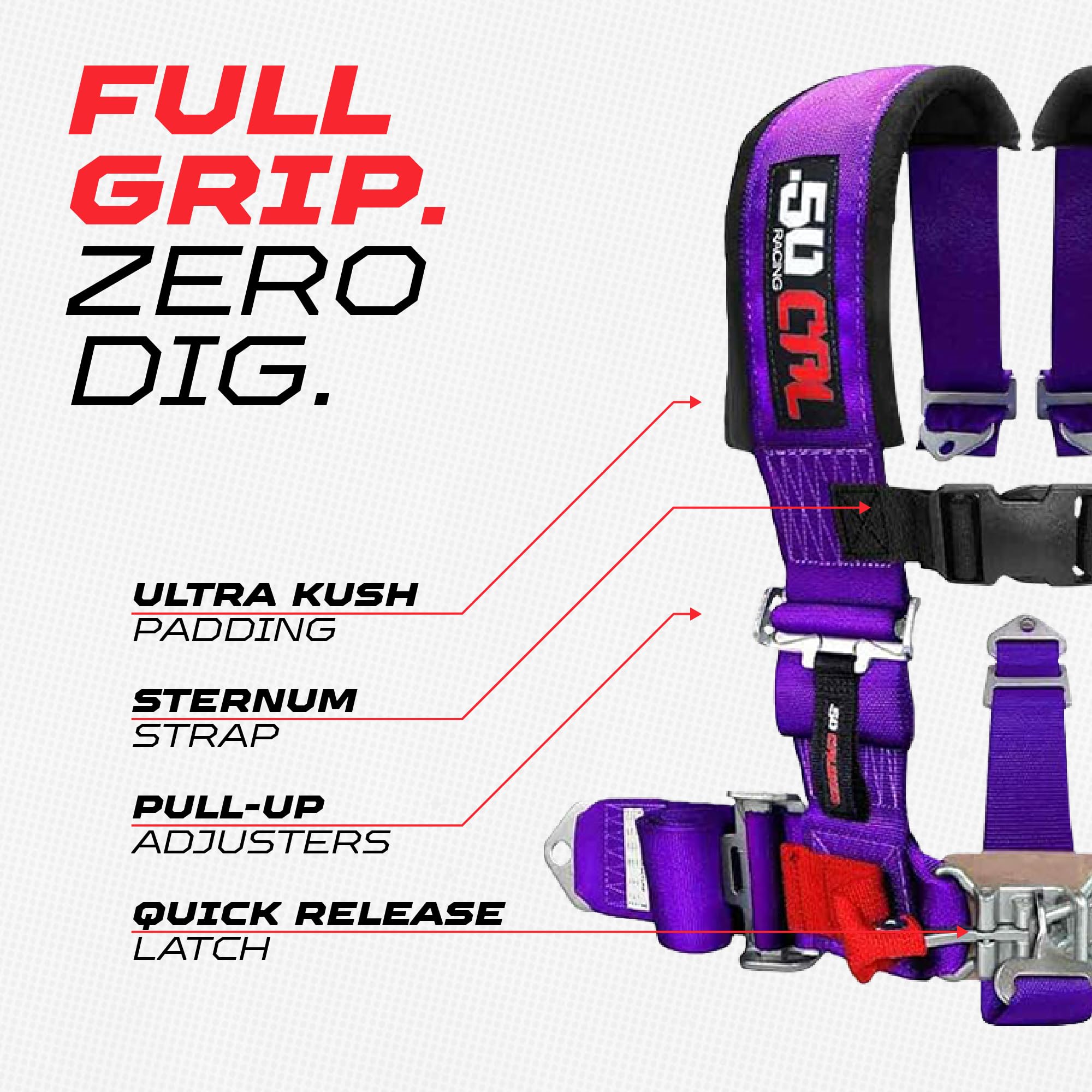 50 Caliber Racing 5 Point Harness sewn-in pads increase comfort on long sessions