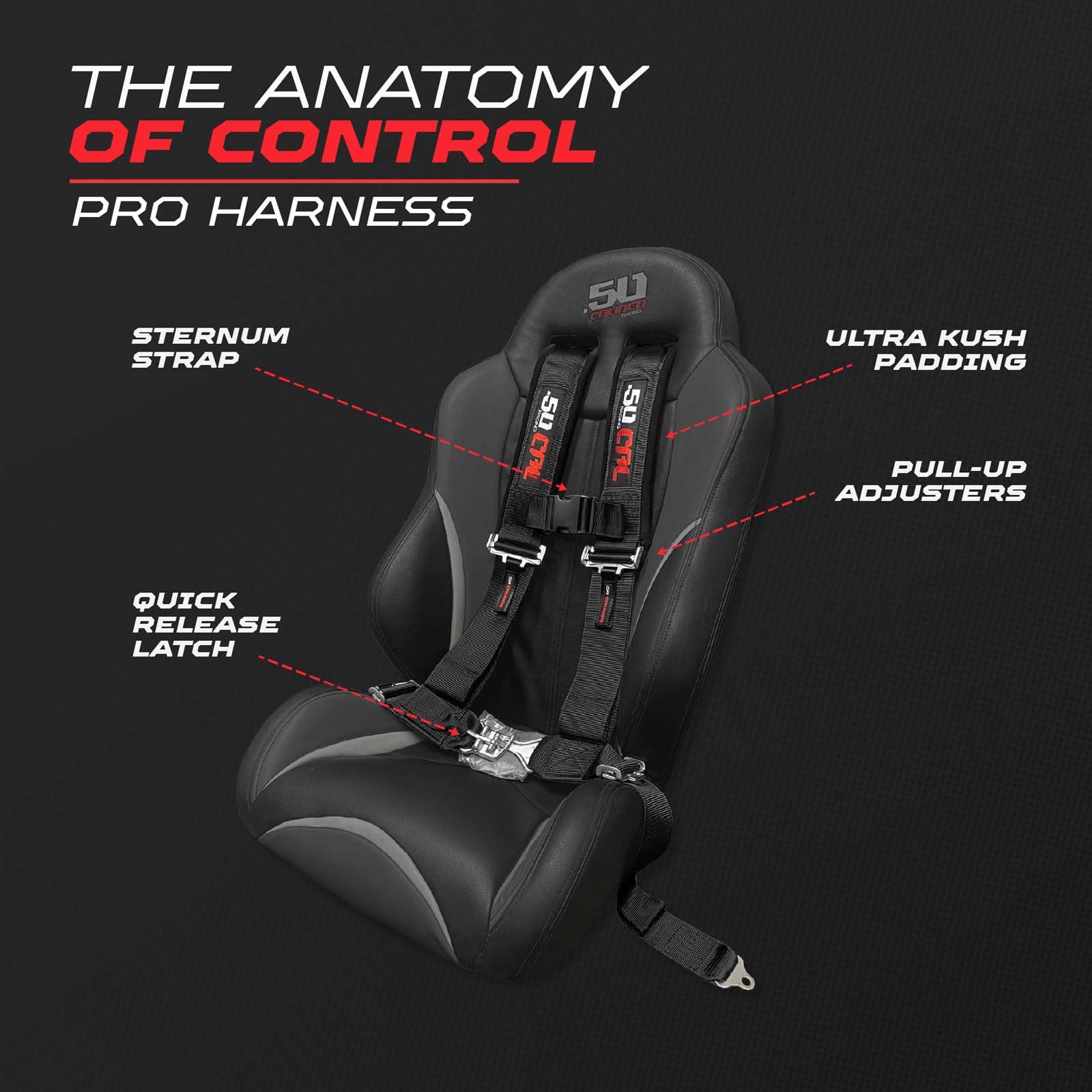 50 Caliber Racing adjustable shoulder and lap straps for a snug fit across riders.