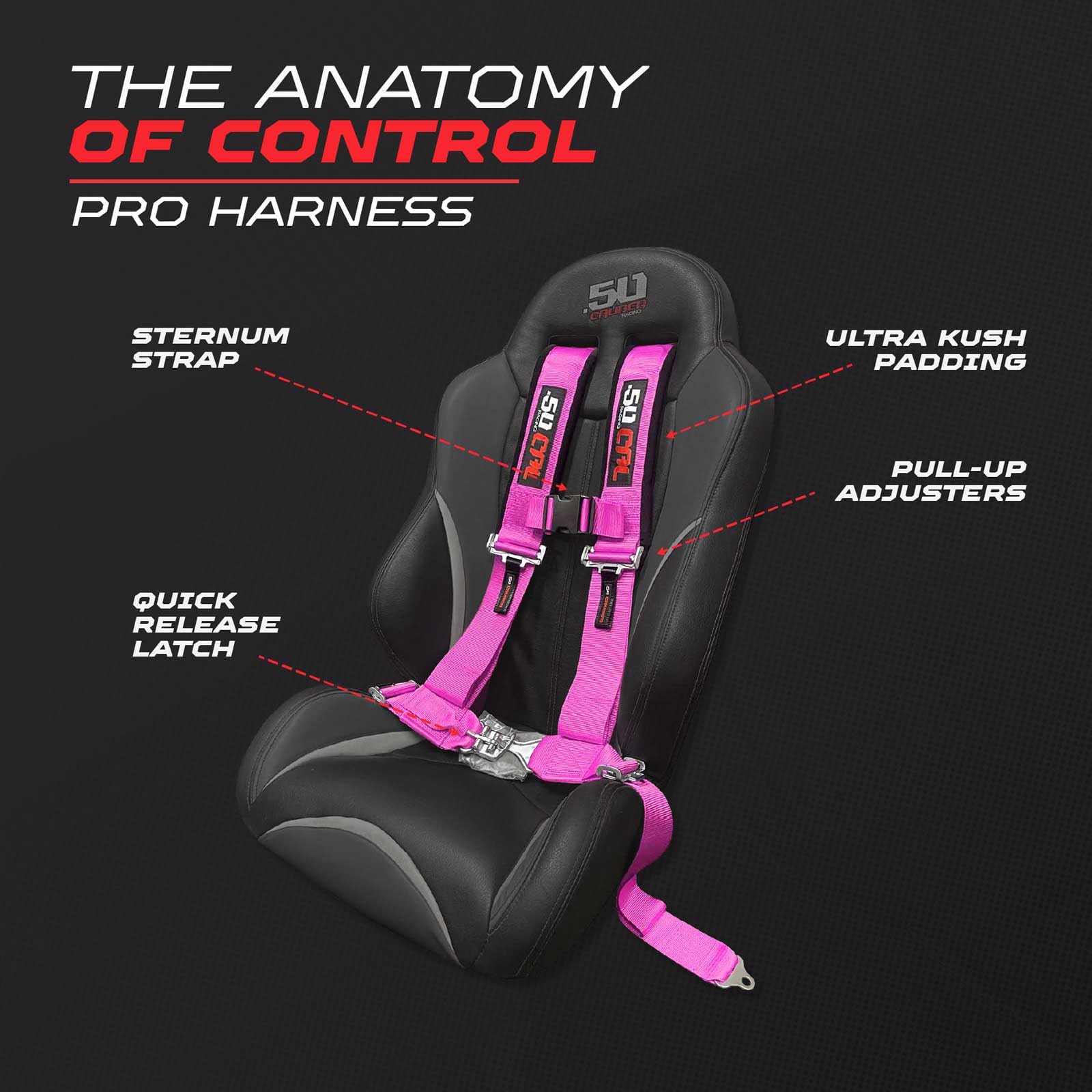 50 Caliber Racing adjustable straps for a customizable, secure fit