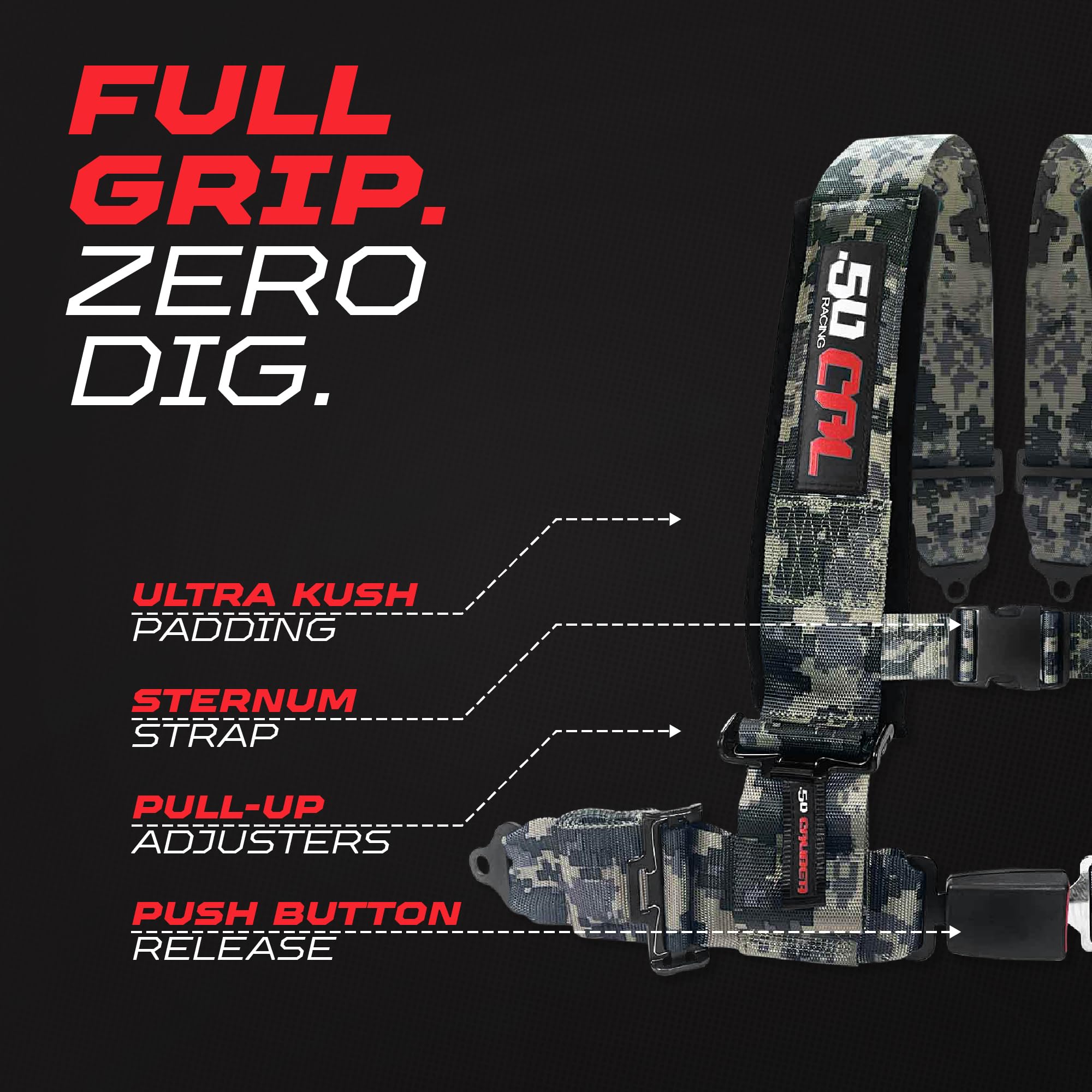 All hardware and installation kit included with 50 Caliber Racing harness