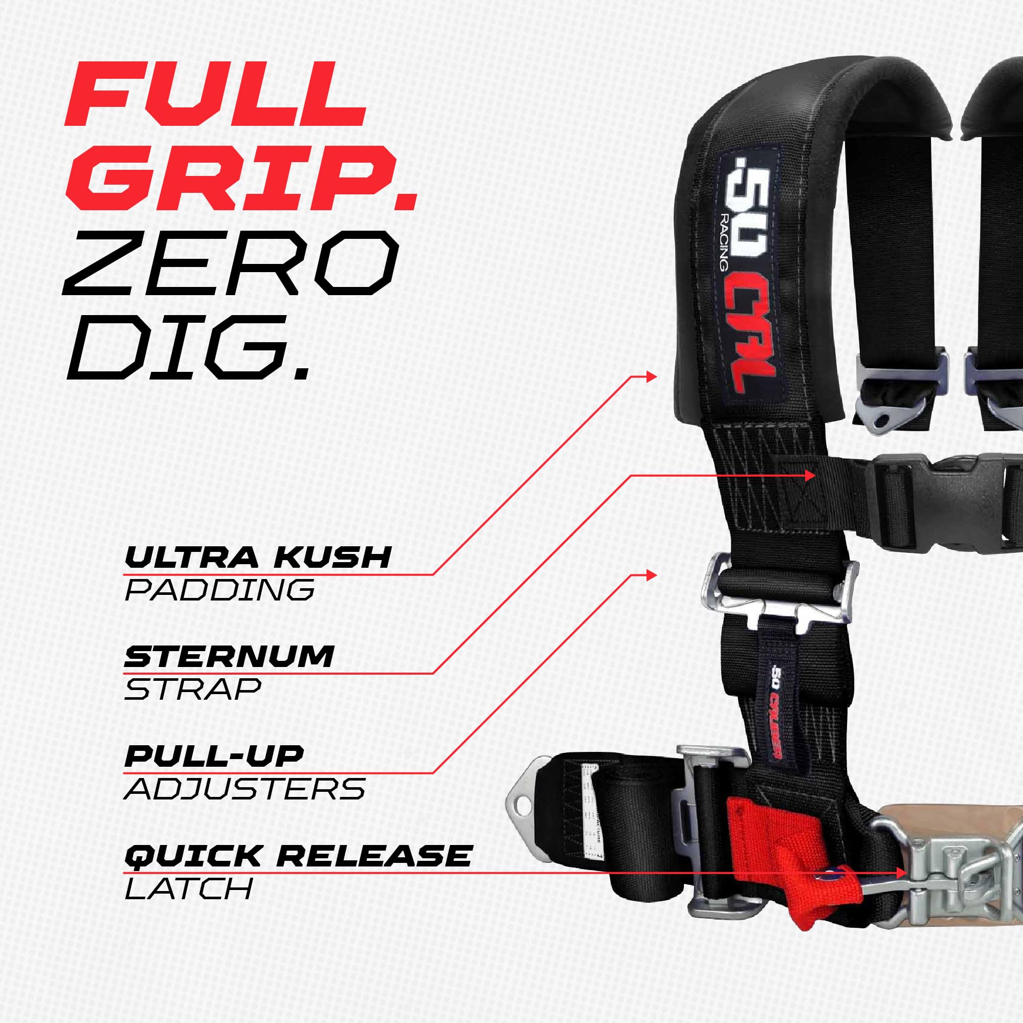 50 Caliber Racing sewn-in pads boost comfort during long sessions.