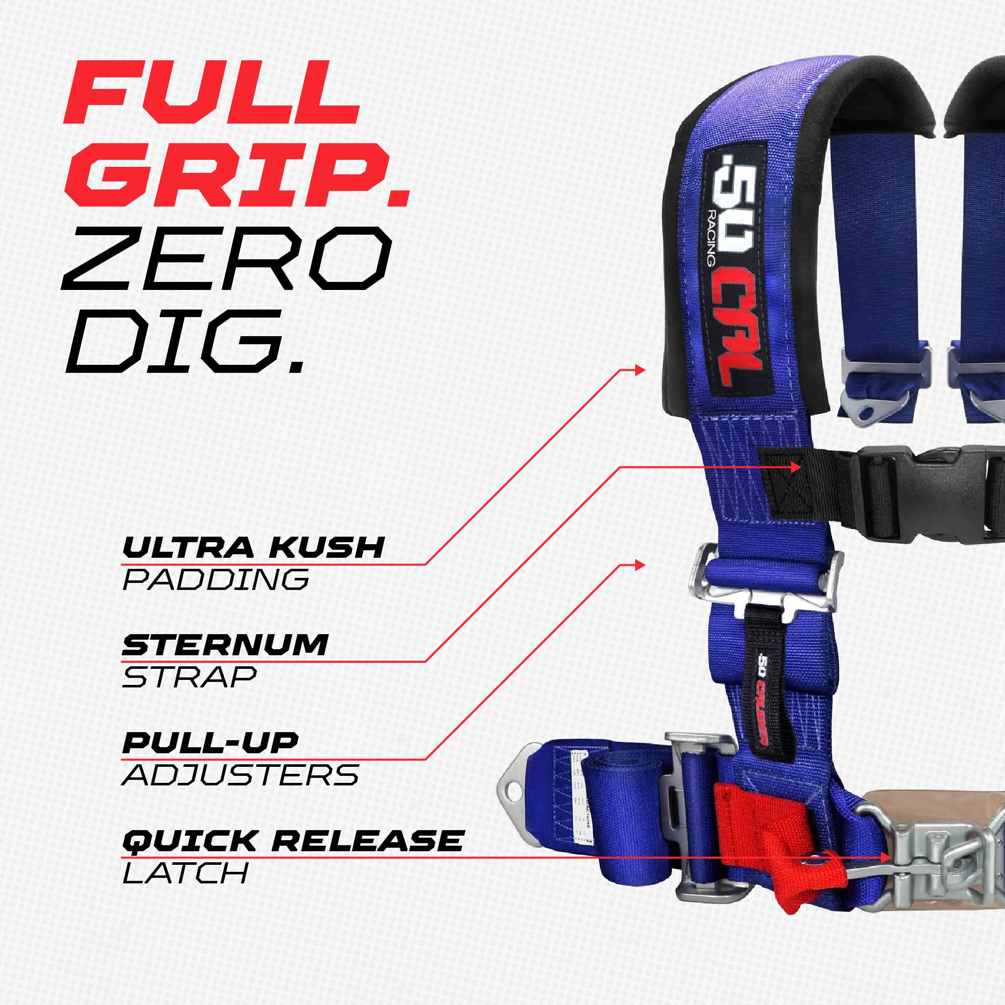 50 Caliber Racing sternum strap adds upper-body stability on rugged terrain