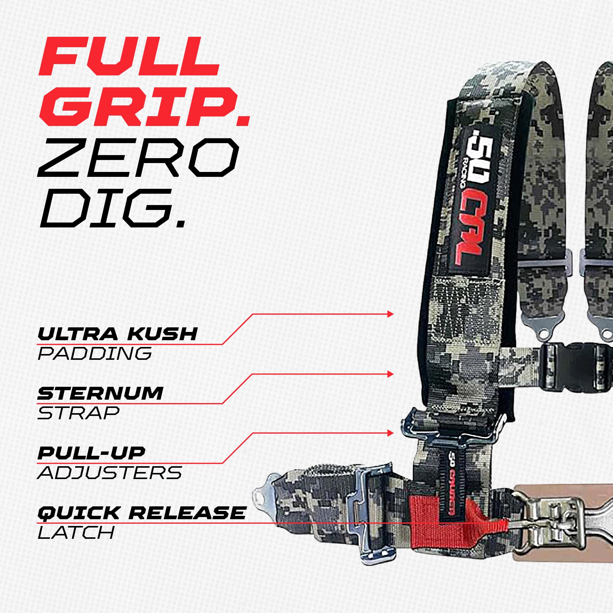 50 Caliber Racing adjustable straps fit a wide range of riders.