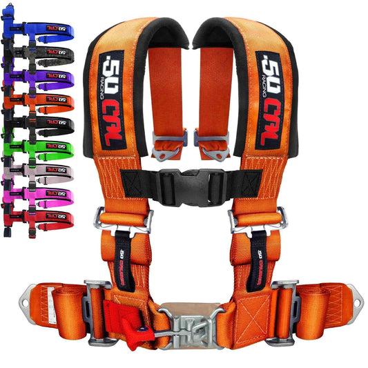 50 Caliber Racing harness in orange on bucket seat for secure off-road grip.