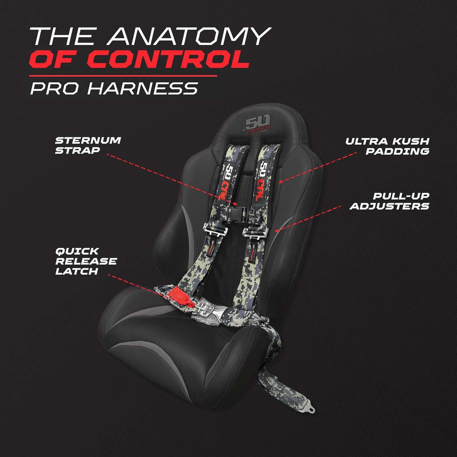 50 Caliber Racing sternum strap adds chest protection during off-road turns.