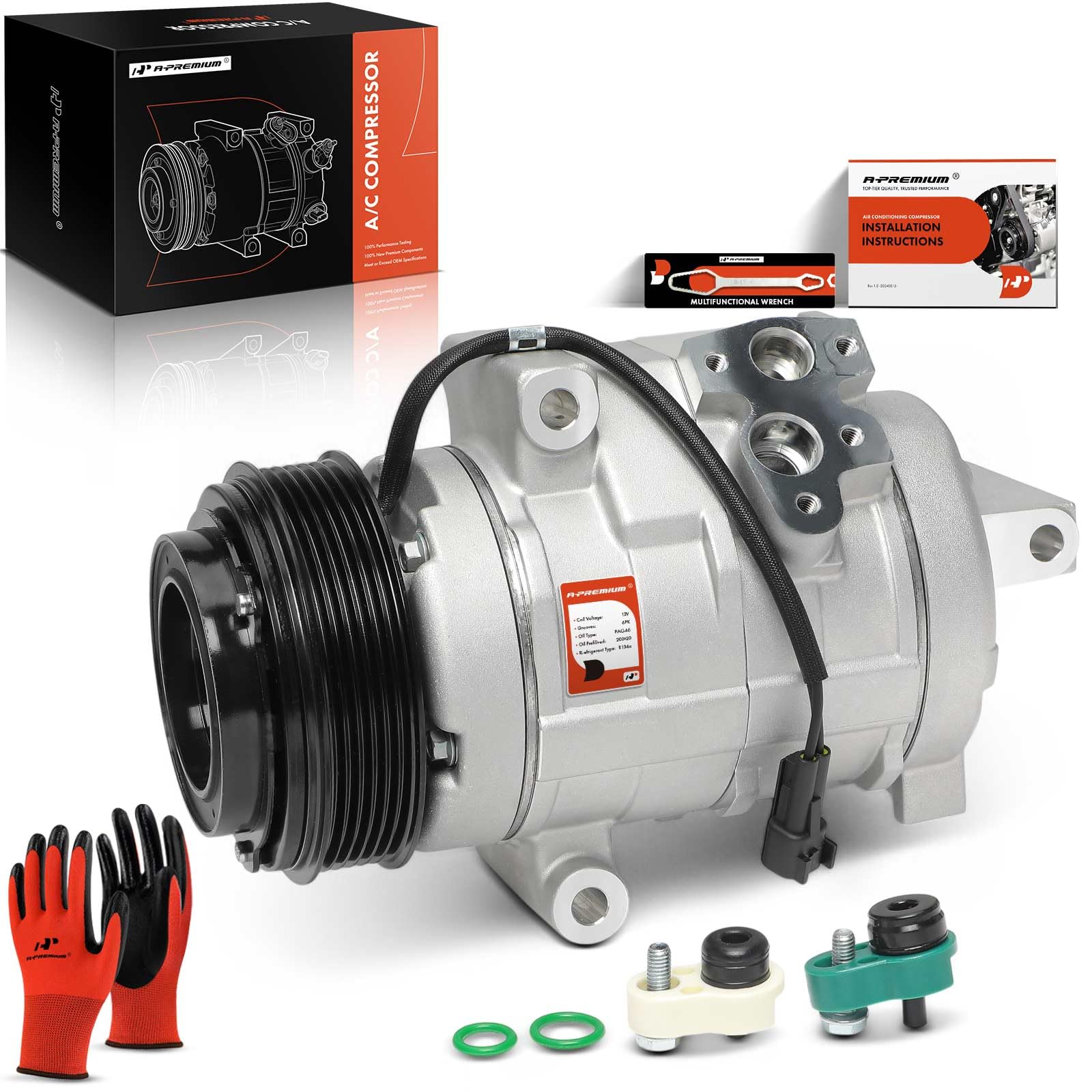 A-Premium AC compressor side view with 6-groove pulley for reliable performance.