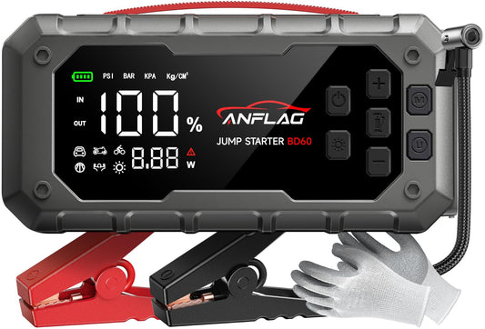 ANFLAG Jump Starter front view shows compact design and quick-start capability on the road