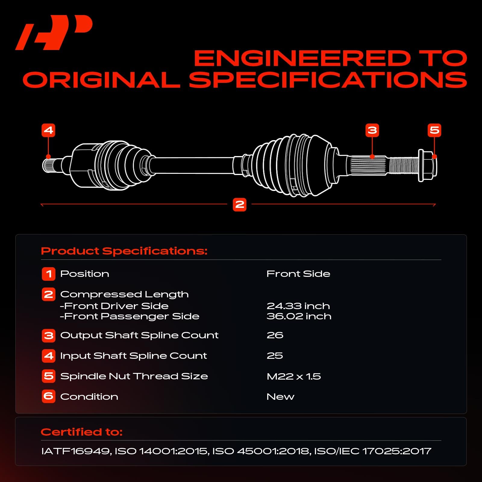 A-Premium CV axle assembly side view left, sturdy construction for daily driving.