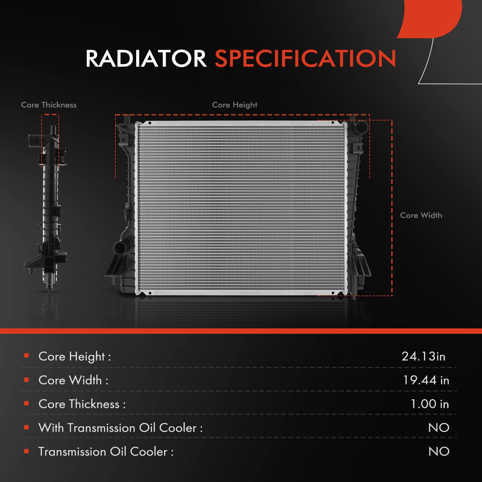 A-Premium Mustang radiator side view showing compact under-hood profile.