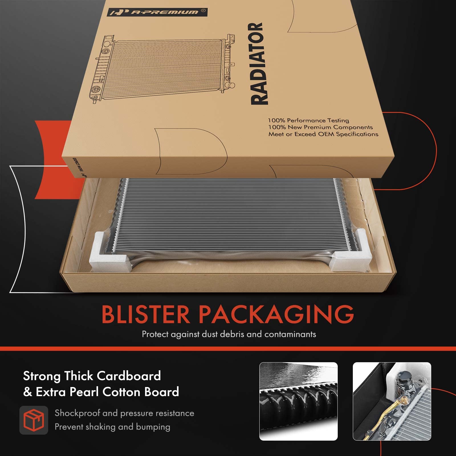 A-Premium radiator core dimensions for accurate replacement sizing.