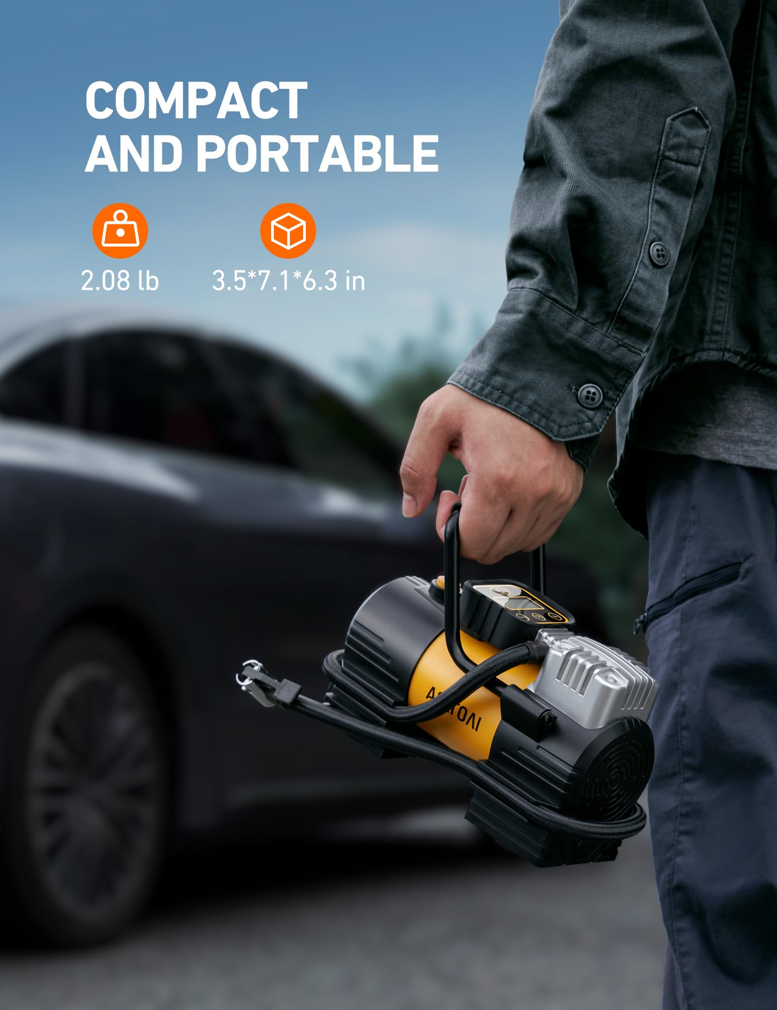 AstroAI tire inflator LED-light feature provides visibility in dark emergencies.