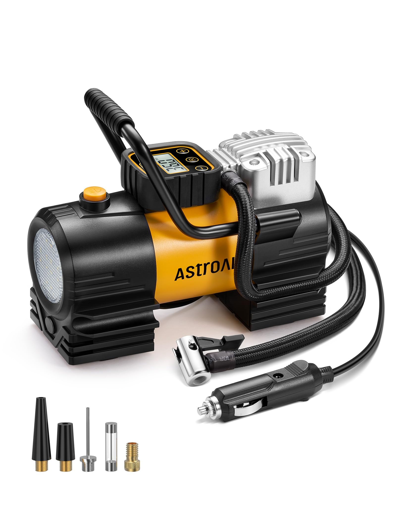 AstroAI tire inflator shows the metal-structure build for durable inflation.