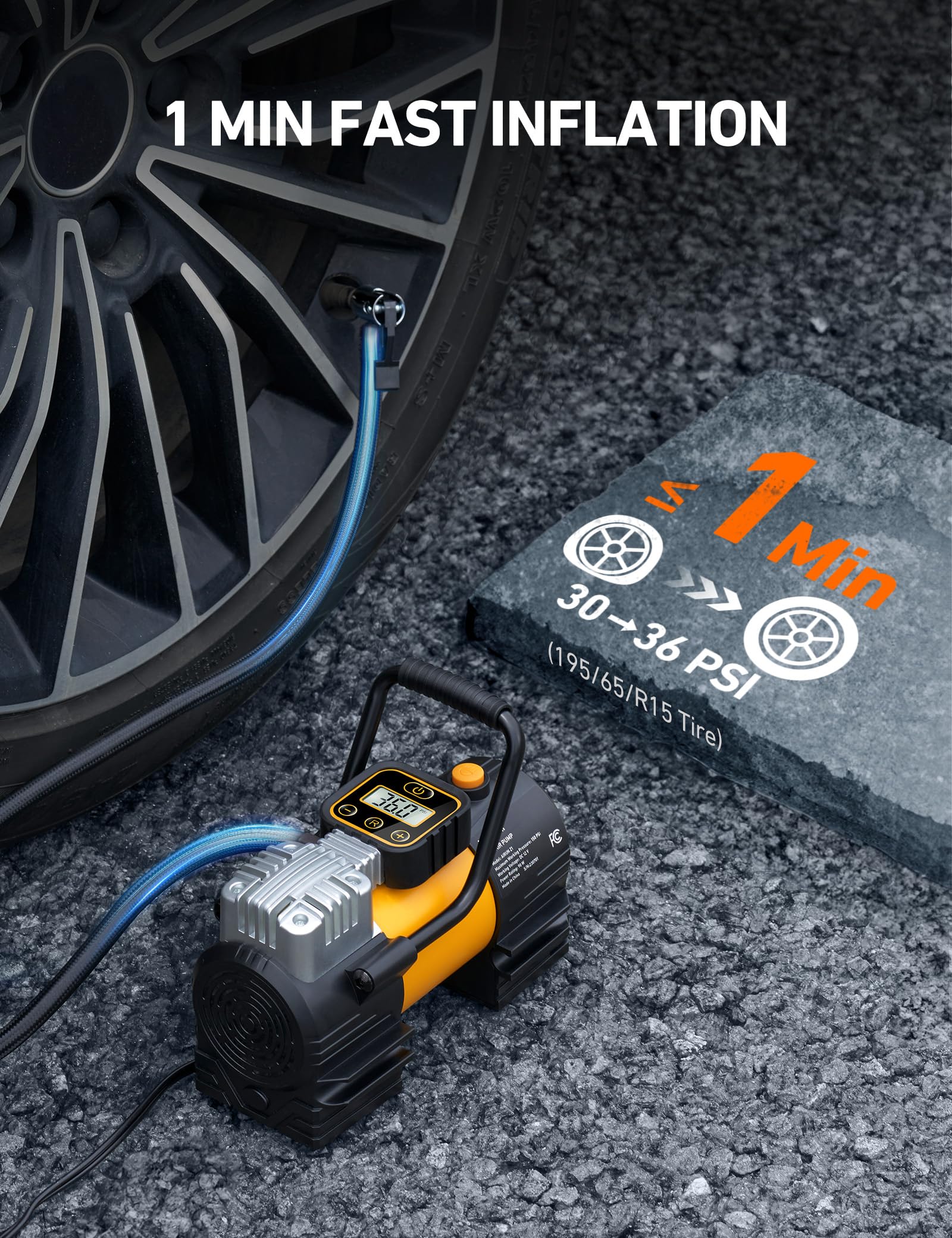 AstroAI tire inflator rapid-inflation capability inflates a tire quickly.