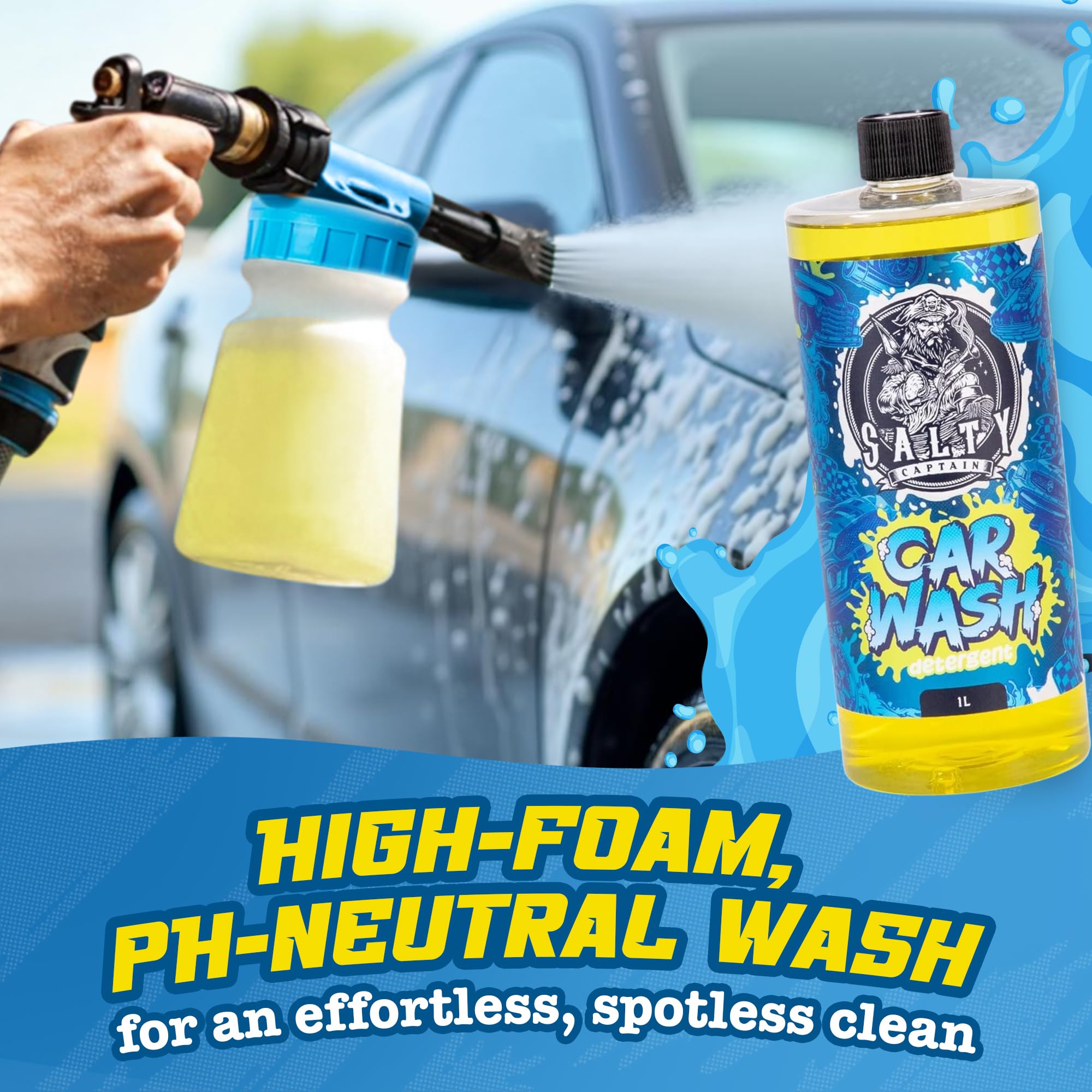 Salty Captain Foam Blaster attached to hose delivers thick foam.