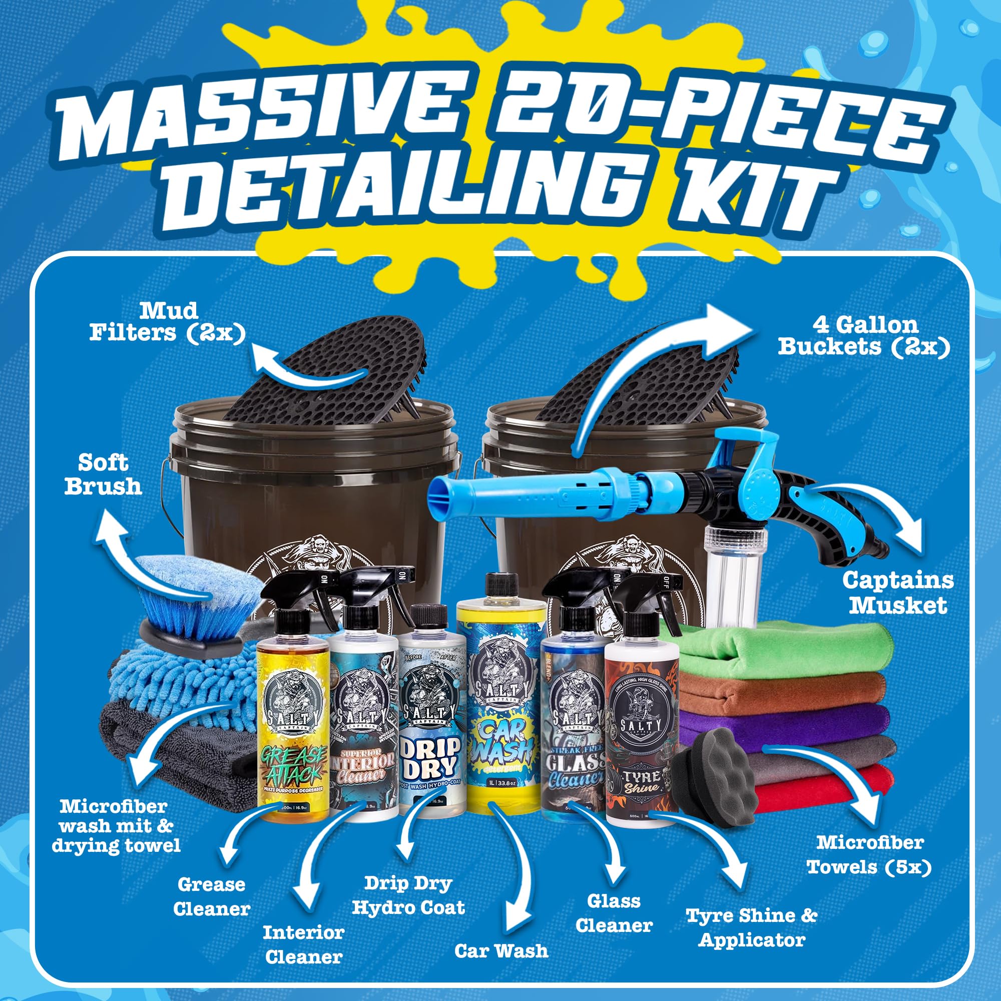 Salty Captain Mega 20-Piece Kit mud filters capture grit for a cleaner rinse.