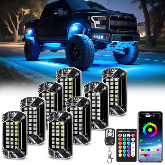 TDE Explorer.Lighting 8 pods RGBW rock lights kit front view showing underbody glow