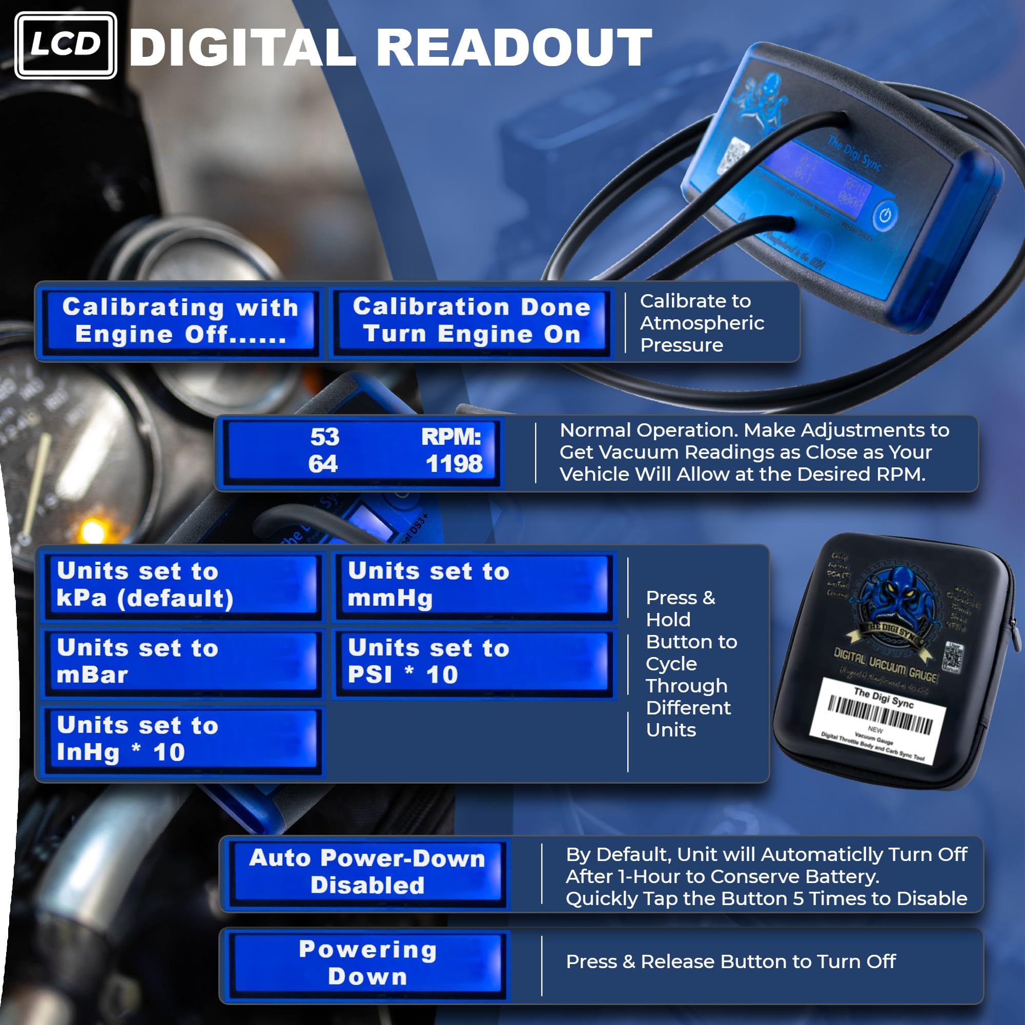 The Digi Sync carb-sync tool dual throttle-bodies for carbureted and injected engines.