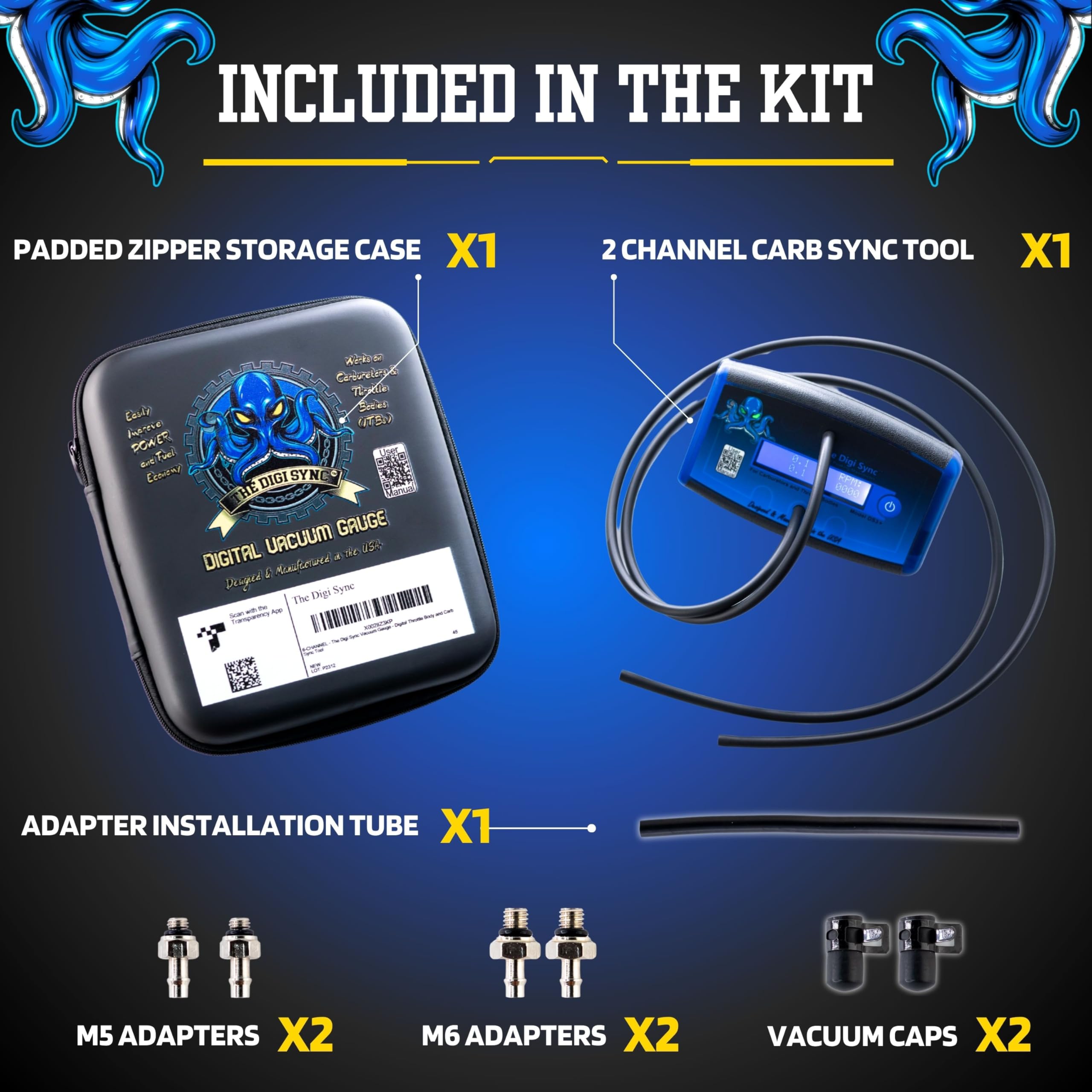 The Digi Sync vacuum gauge readout provides precise readings for balanced tuning.