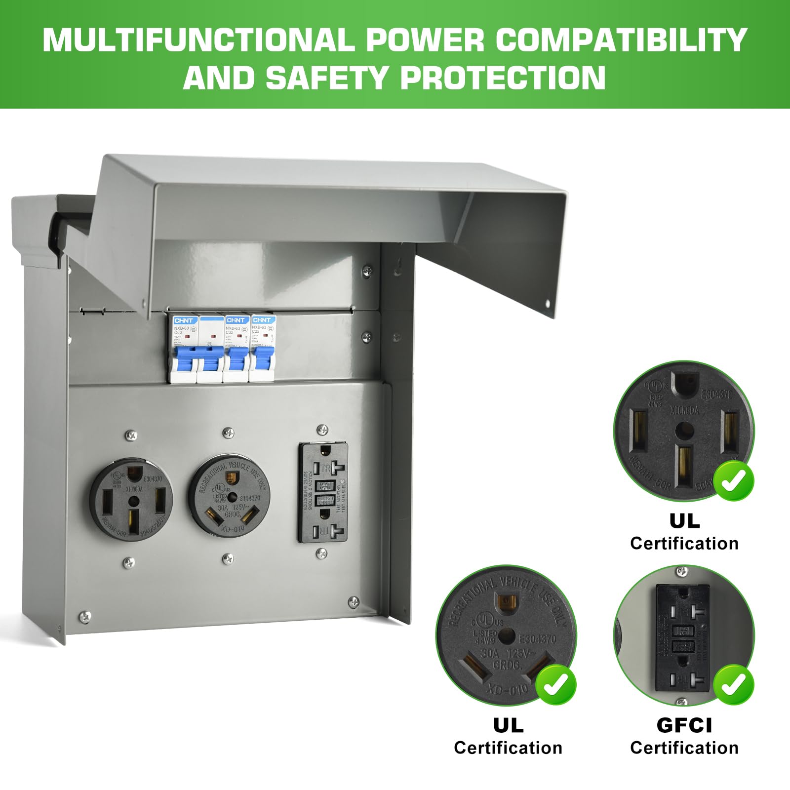 Umaogus RV outlet box assembly diagram explains quick, pre-wired setup for fast installation.