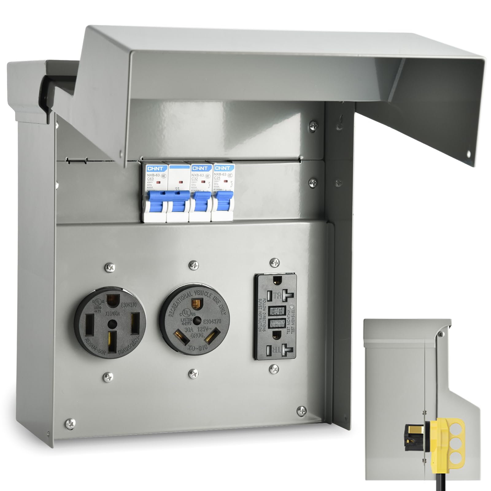 Umaogus RV outlet box front view highlights rugged weatherproof housing for outdoor hookups.