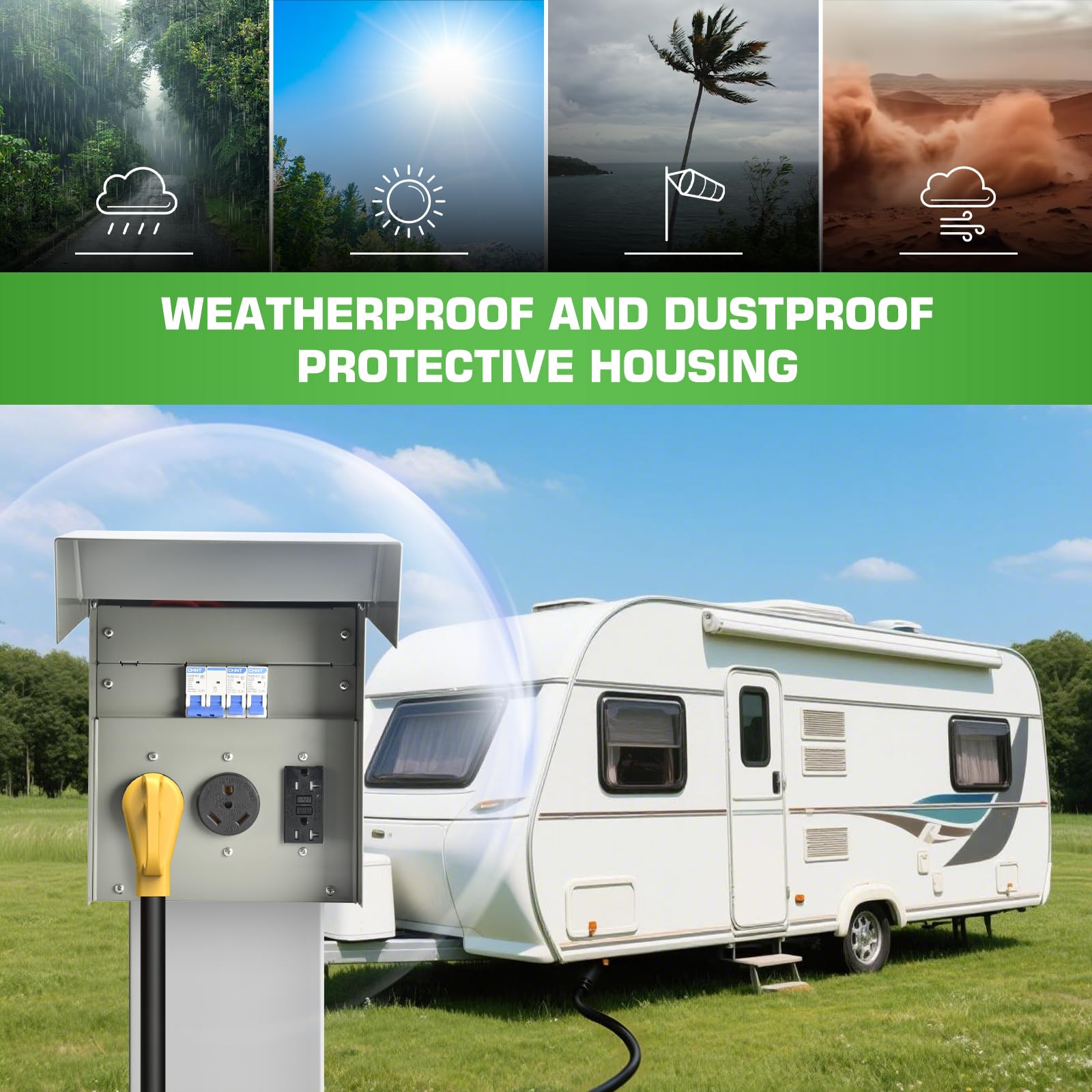 Umaogus RV outlet box closed locking door shows secure, tamper-resistant access.