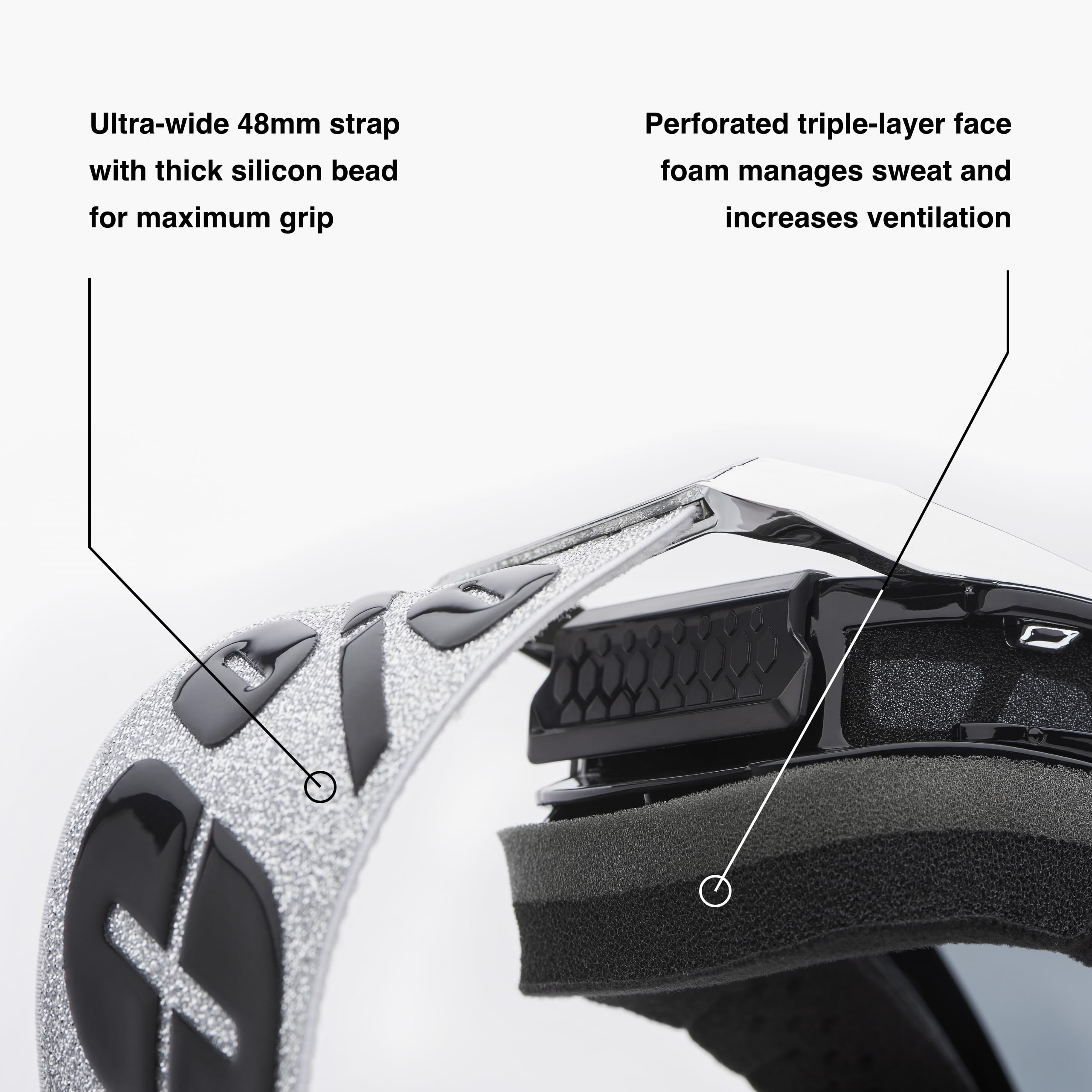 100% ARMEGA Goggles ultra-wide 48mm strap ensures secure fit on speed runs.