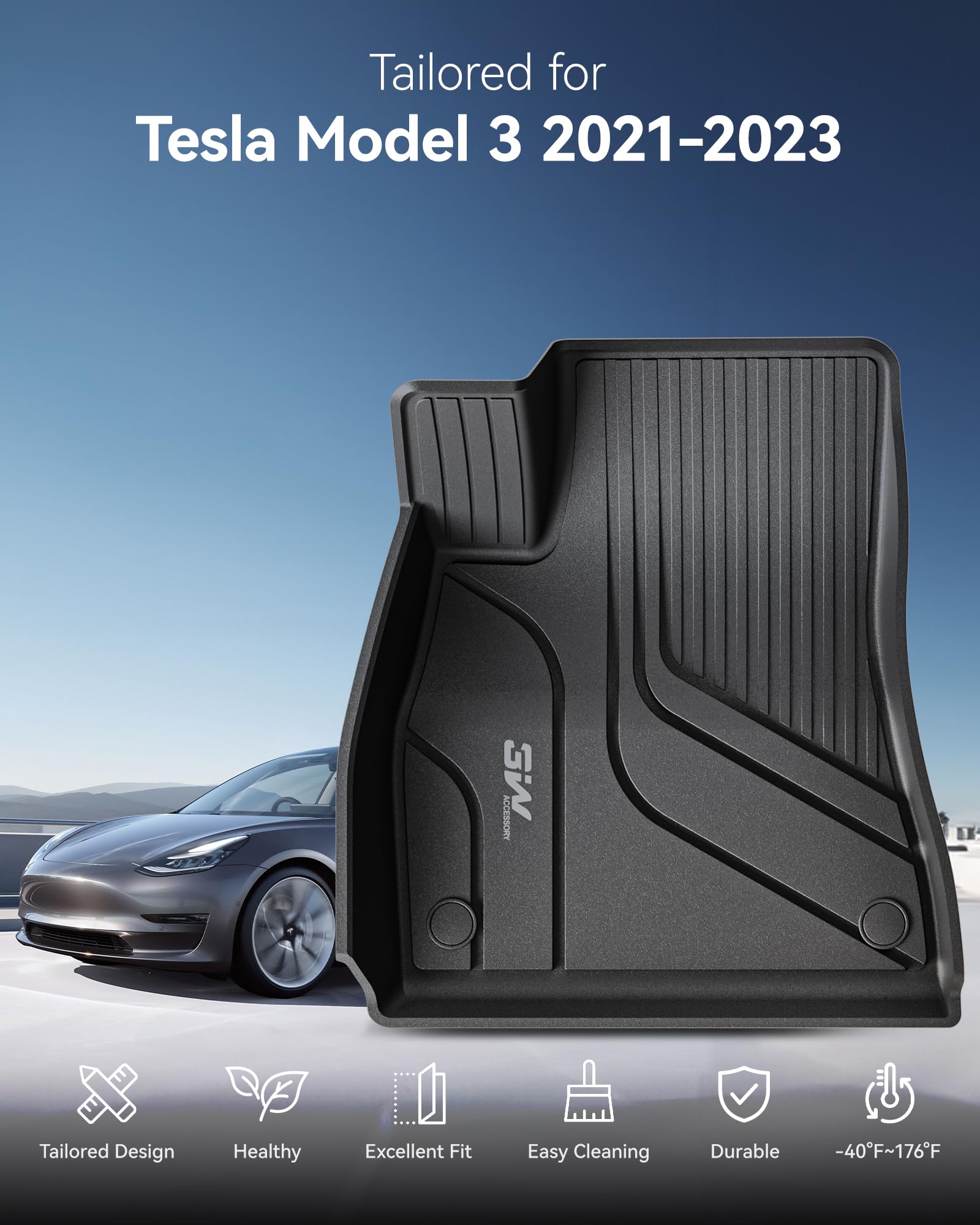 3W Tesla Model 3 floor mats side view with integrated edge