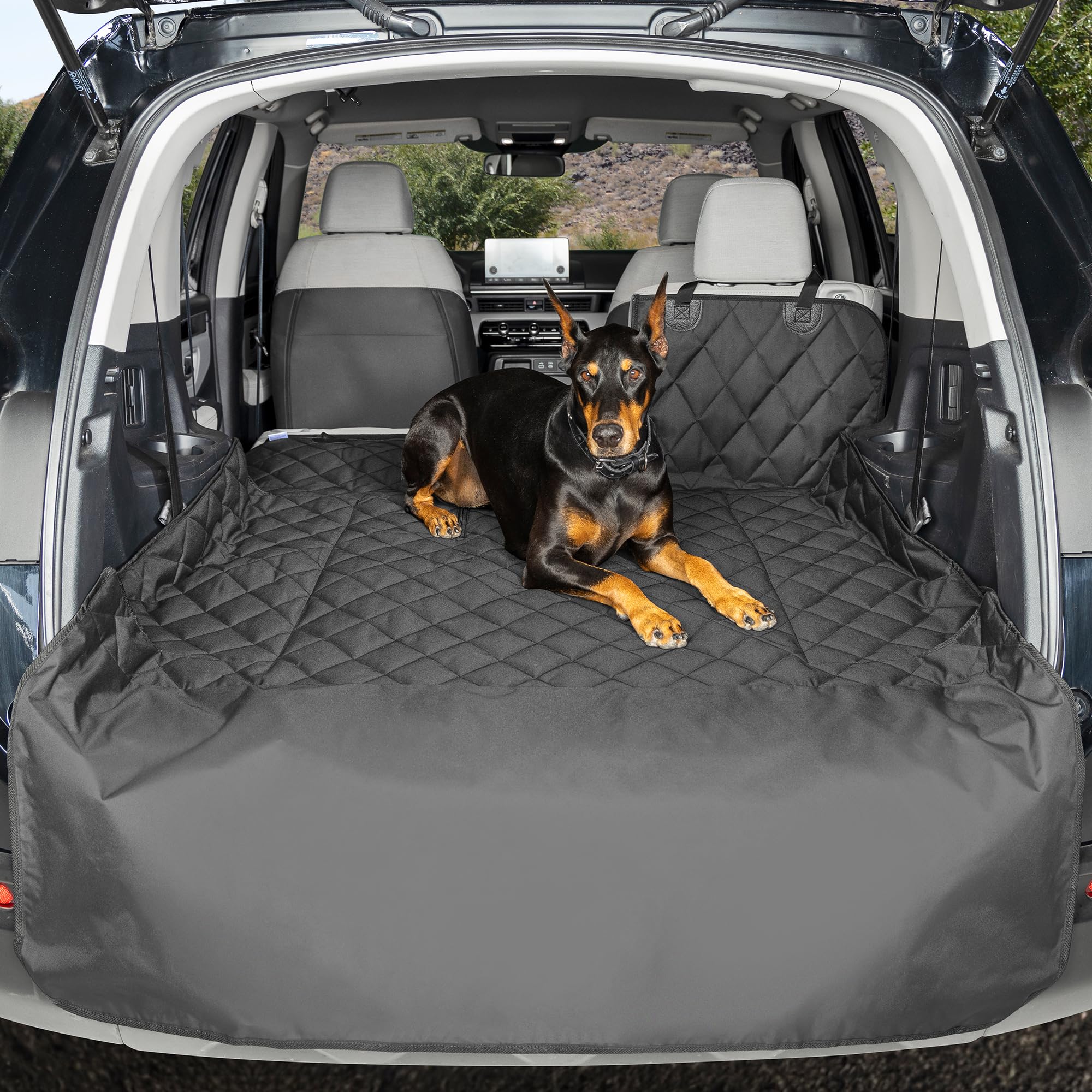 4Knines split cargo liner in SUV with waterproof backing protects trunk from spills.