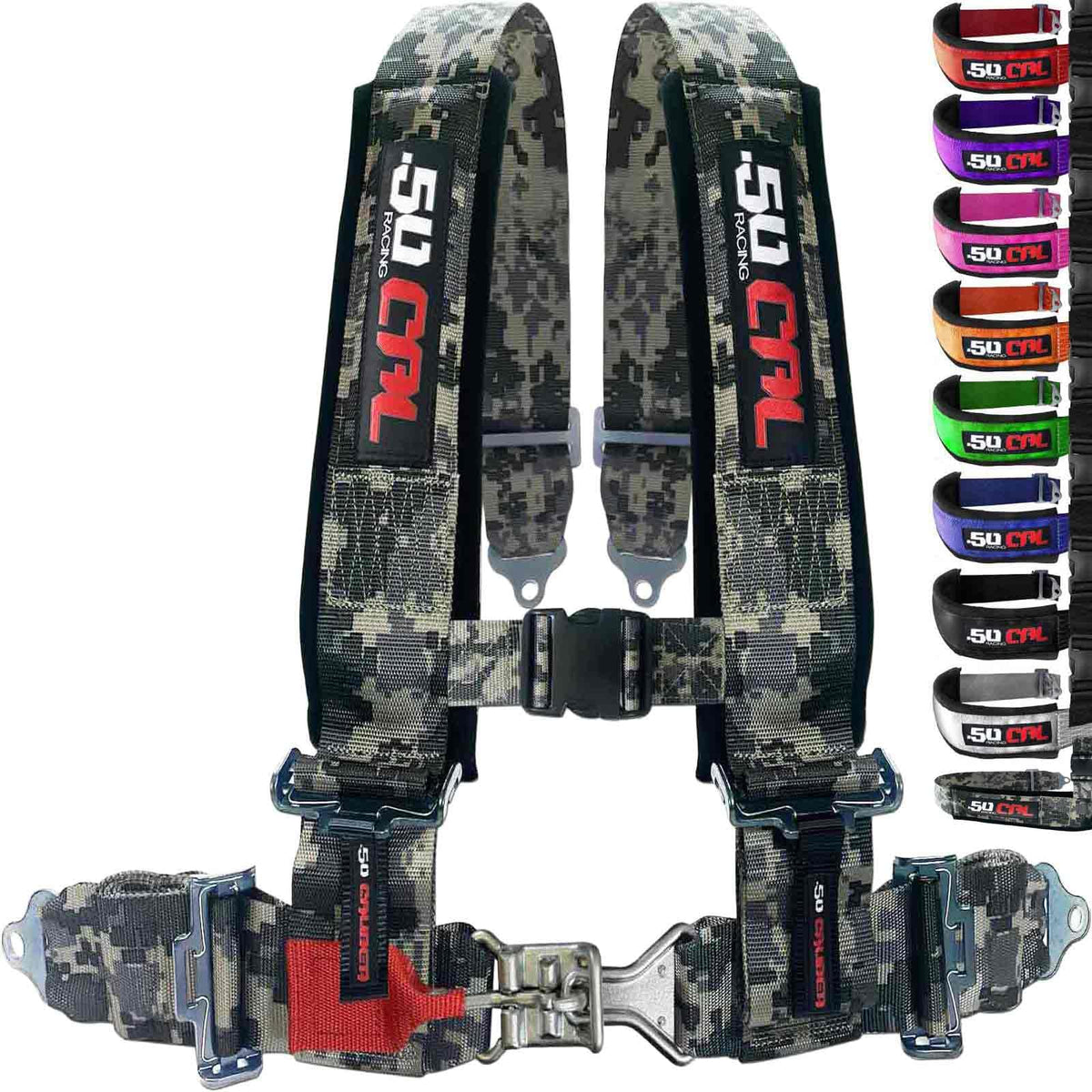 50 Caliber Racing 4 Point Harness in camo on bucket seat for secure off-road ride