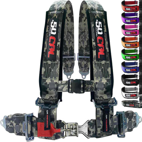 50 Caliber Racing 4 Point Harness in camo on bucket seat for secure off-road ride