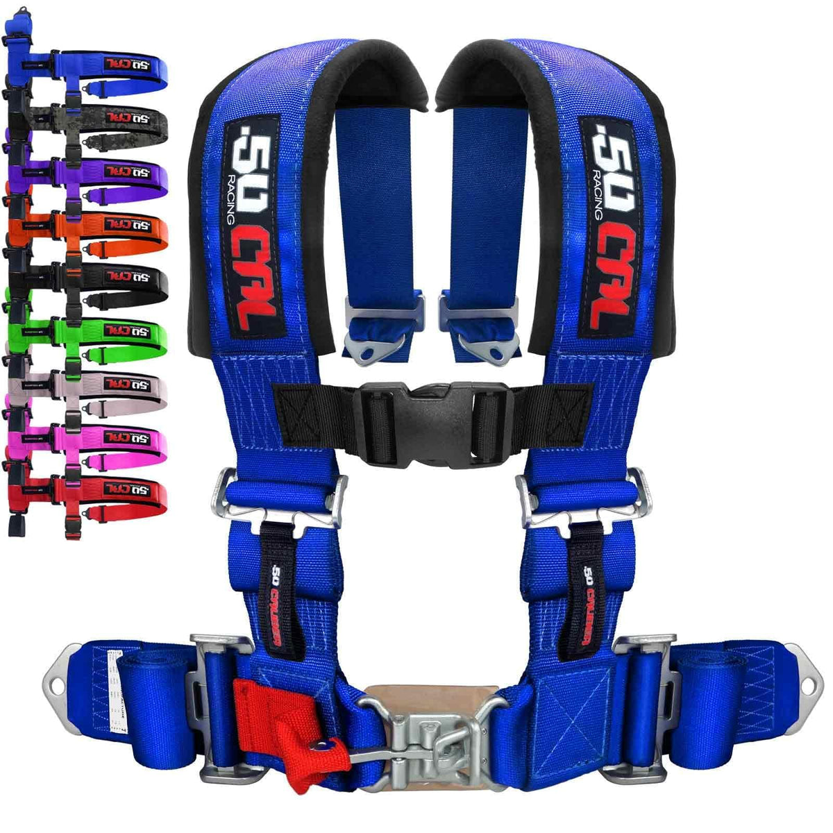 50 Caliber Racing blue 4-point harness secured to bucket seat for off-road use