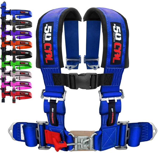 50 Caliber Racing blue 4-point harness secured to bucket seat for off-road use