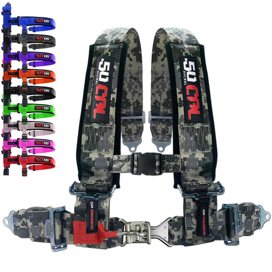 50 Caliber Racing harness provides a secure bucket-seat fit for rugged off-road riding.
