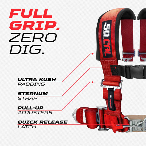Sewn‑in pads on the 50 Caliber Racing harness for comfort during long runs