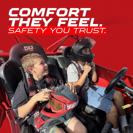 50 Caliber Racing harness quick release buckle enables fast, hassle-free removal.