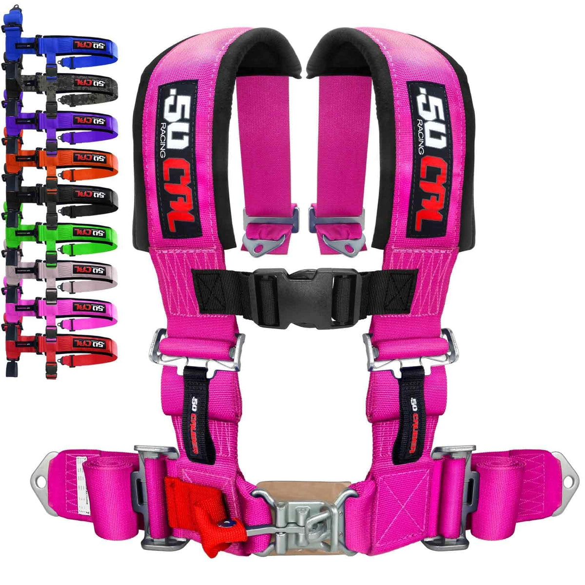 50 Caliber Racing pink 4-point harness for bucket seats with comfort pads