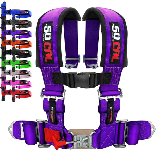 50 Caliber Racing purple 4-point harness on a bucket seat for secure off-road support