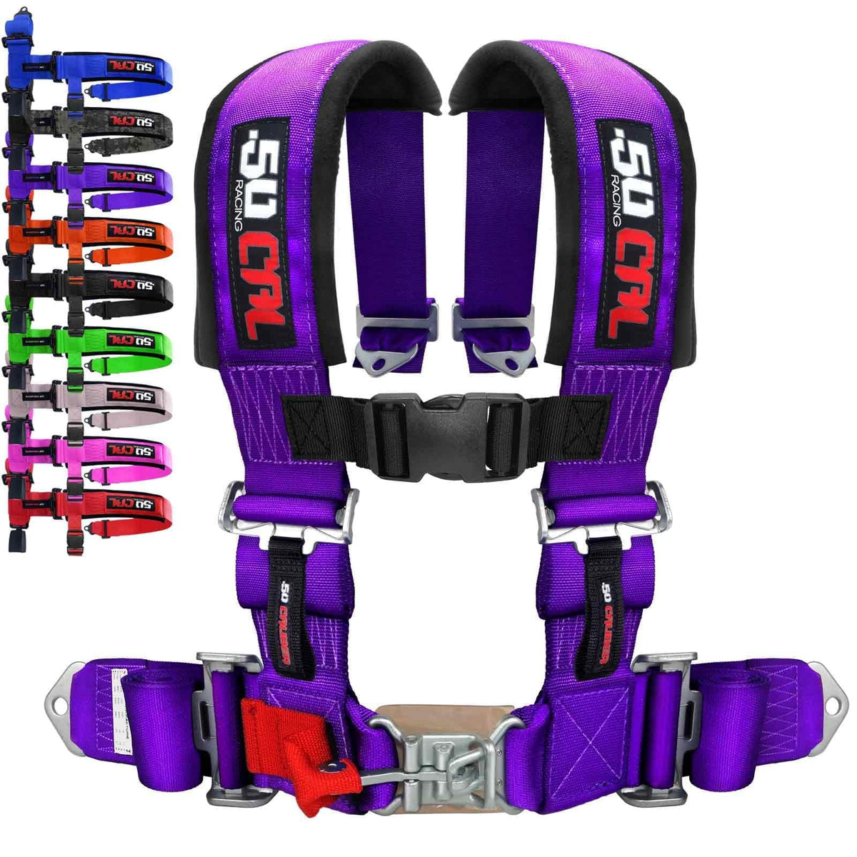 50 Caliber Racing purple 4-point harness on bucket seat for secure off-road racing