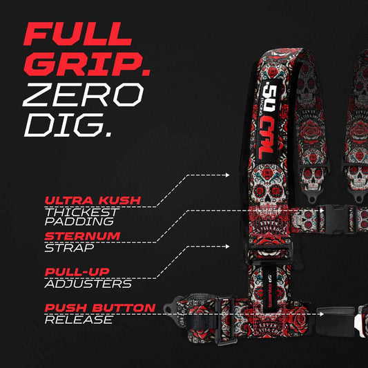 Close-up of quick-release buckle on 50 Caliber harness