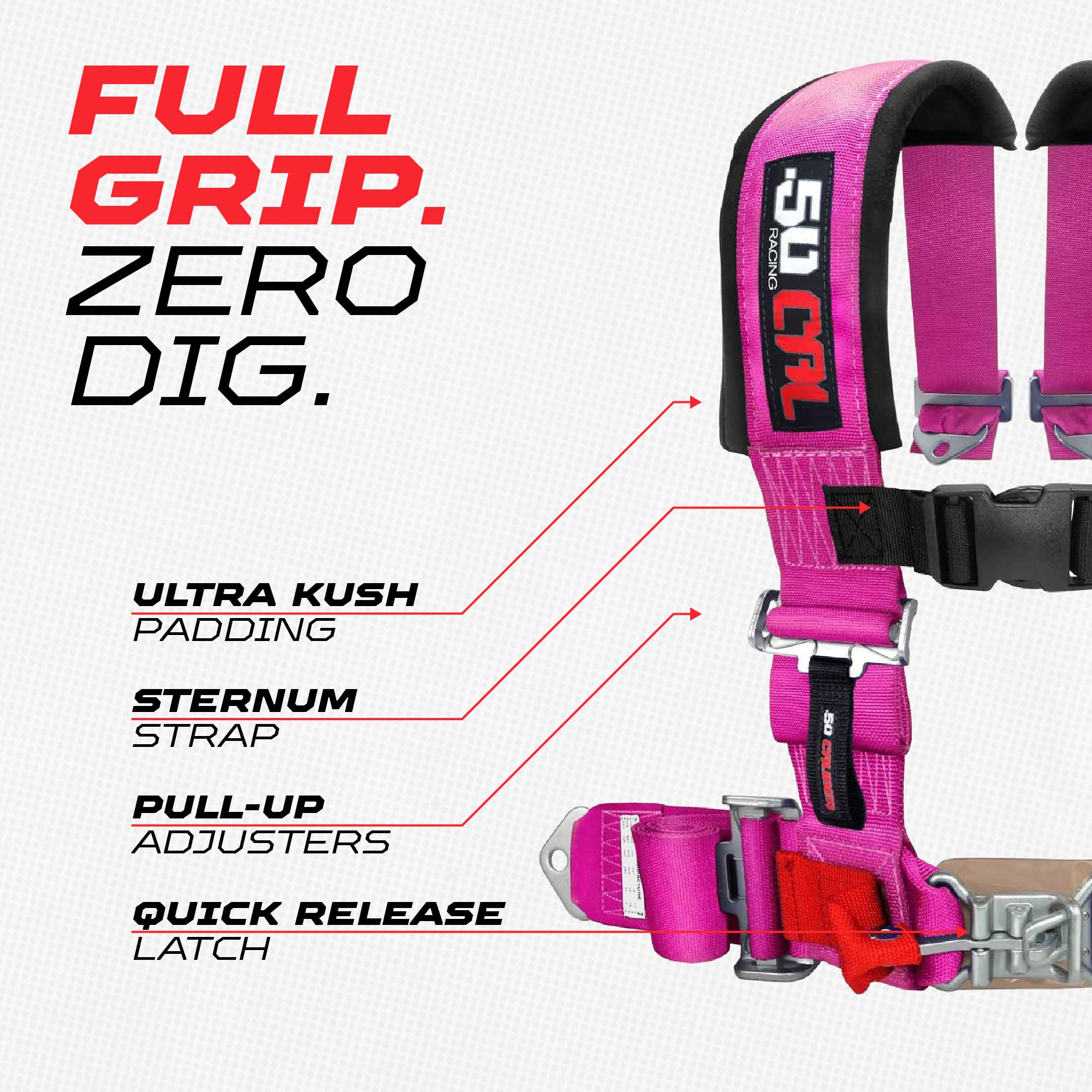 50 Caliber Racing sternum strap and pads add safety and support