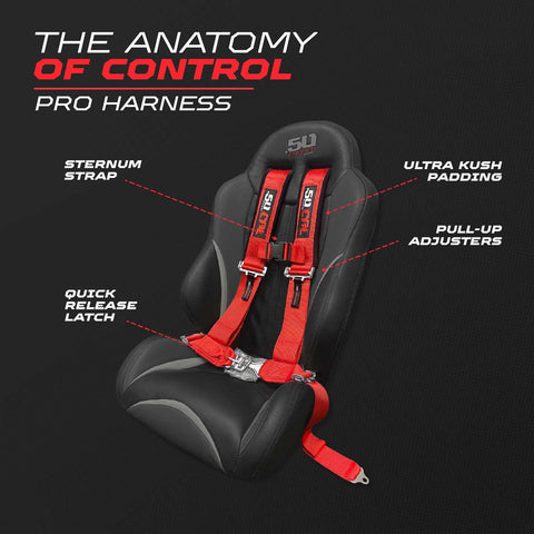 Sternum strap detail on the 50 Caliber Racing harness for upper‑body support