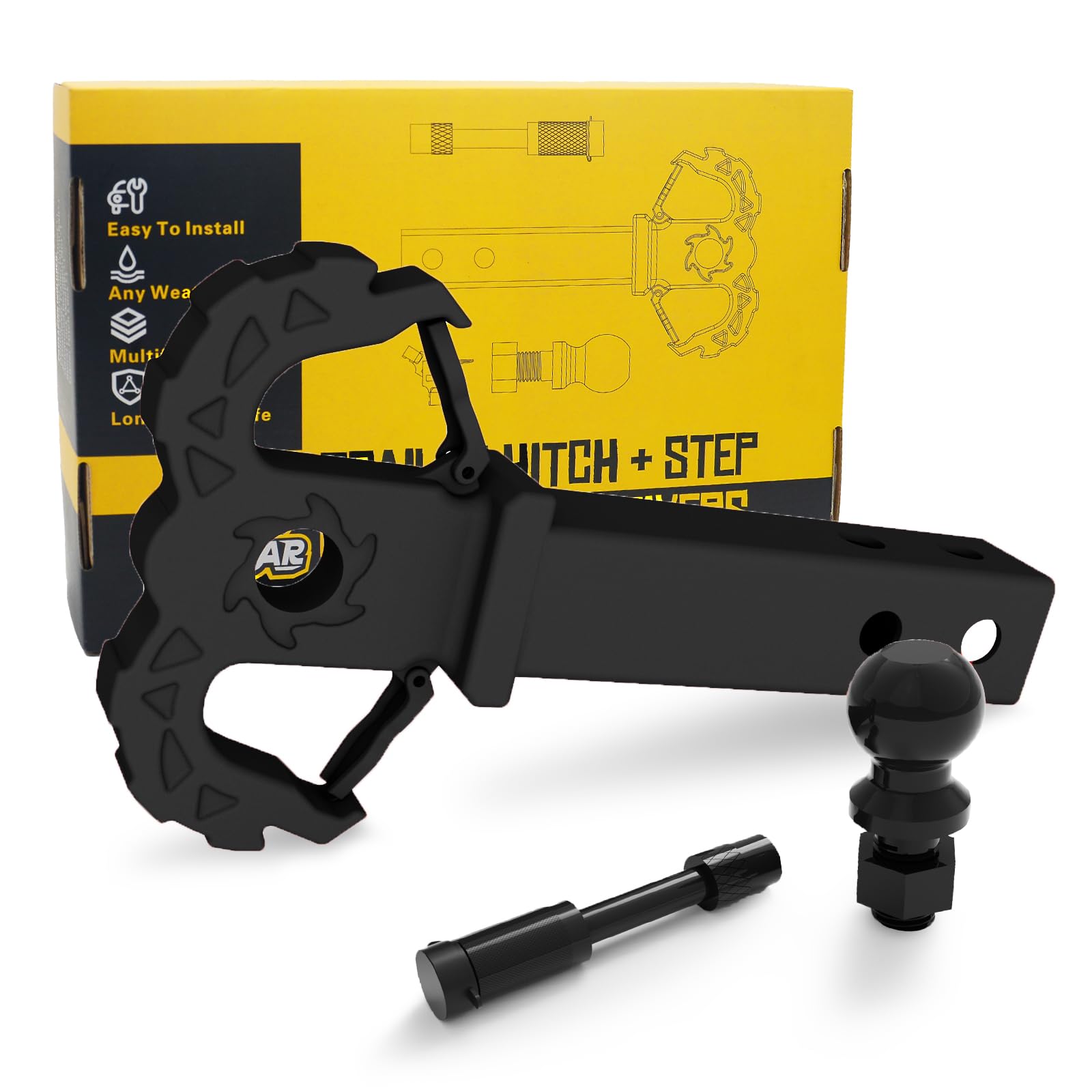 A-BOAR hitch step with 2-inch ball on top improves hitch access and loading.